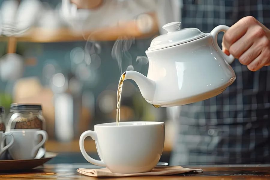 Chai being poured from a teapot into a cup